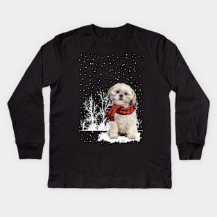 Christmas Shih Tzu With Scarf In Winter Forest Kids Long Sleeve T-Shirt